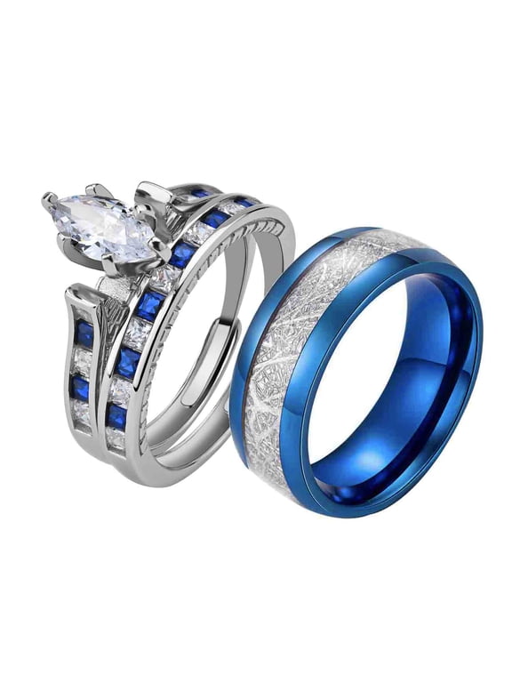 Adjustable size Wedding Ring Sets His And Hers Couples Women 925 Sterling Silver Blue Cz Man Tungsten Carbide Wedding Bands