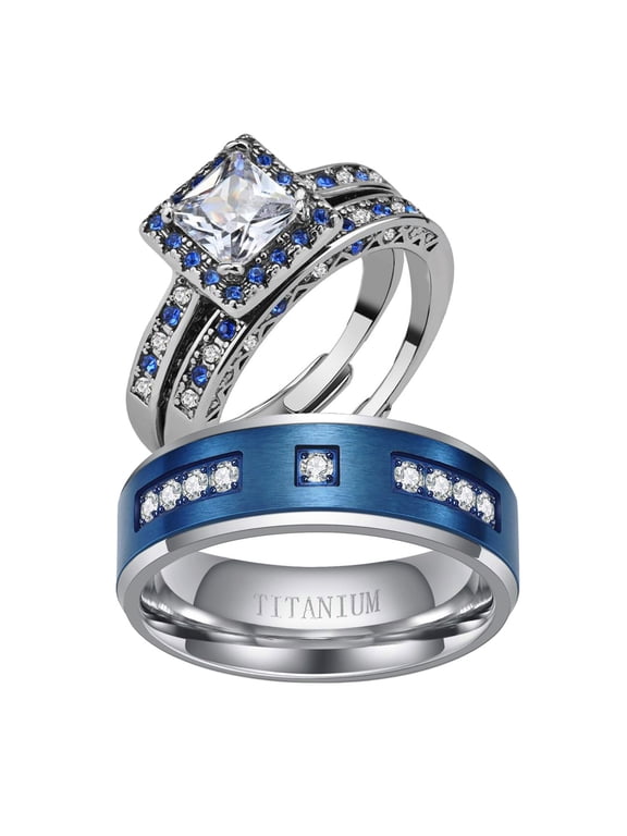 Adjustable size Wedding Ring Sets His And Hers Couples Women 925 Sterling Silver Blue Sapphire Cz Man Titanium Wedding Bands