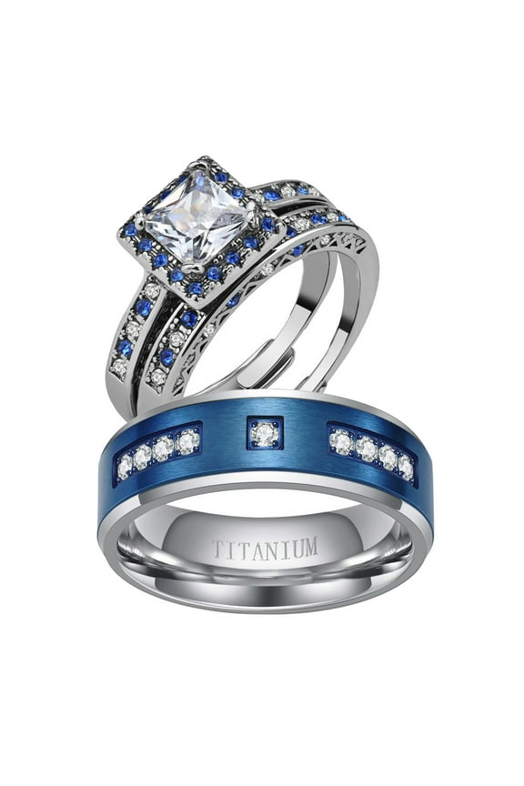 Adjustable size Wedding Ring Sets His And Hers Couples Women 925 Sterling Silver Blue Sapphire Cz Man Titanium Wedding Bands