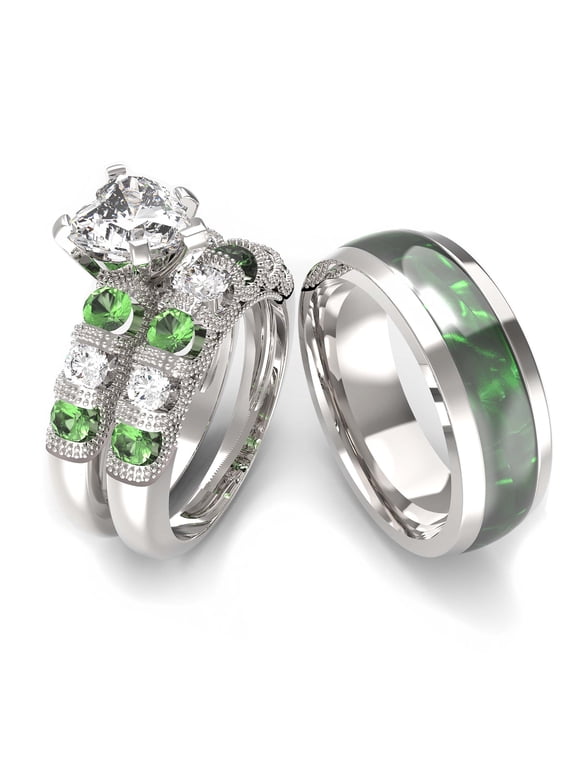 Wedding Ring Sets His And Hers Couples Women 925 Sterling Silver Green Moissanite Man Titanium Wedding Bands