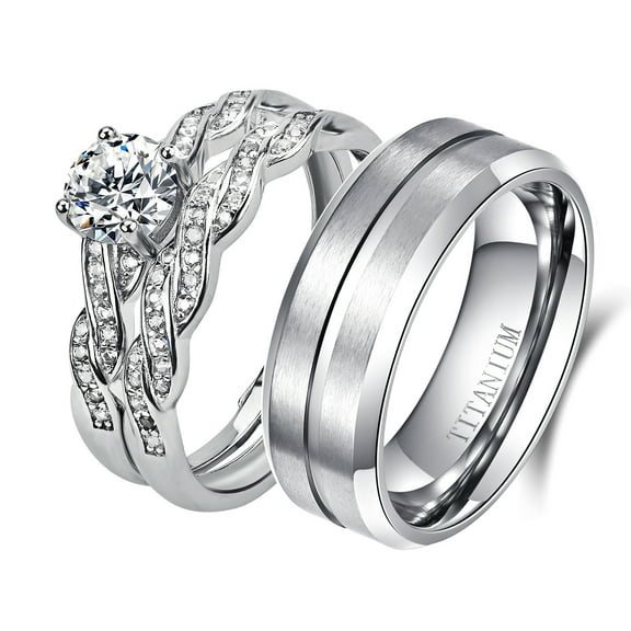 Adjustable size Wedding Ring Sets His And Hers Couples Women 925 Sterling Silver Round Cz Man Titanium Wedding Bands