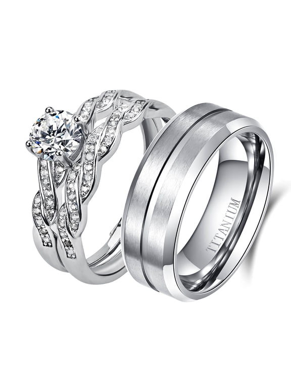 Adjustable size Wedding Ring Sets His And Hers Couples Women 925 Sterling Silver Round Cz Man Titanium Wedding Bands