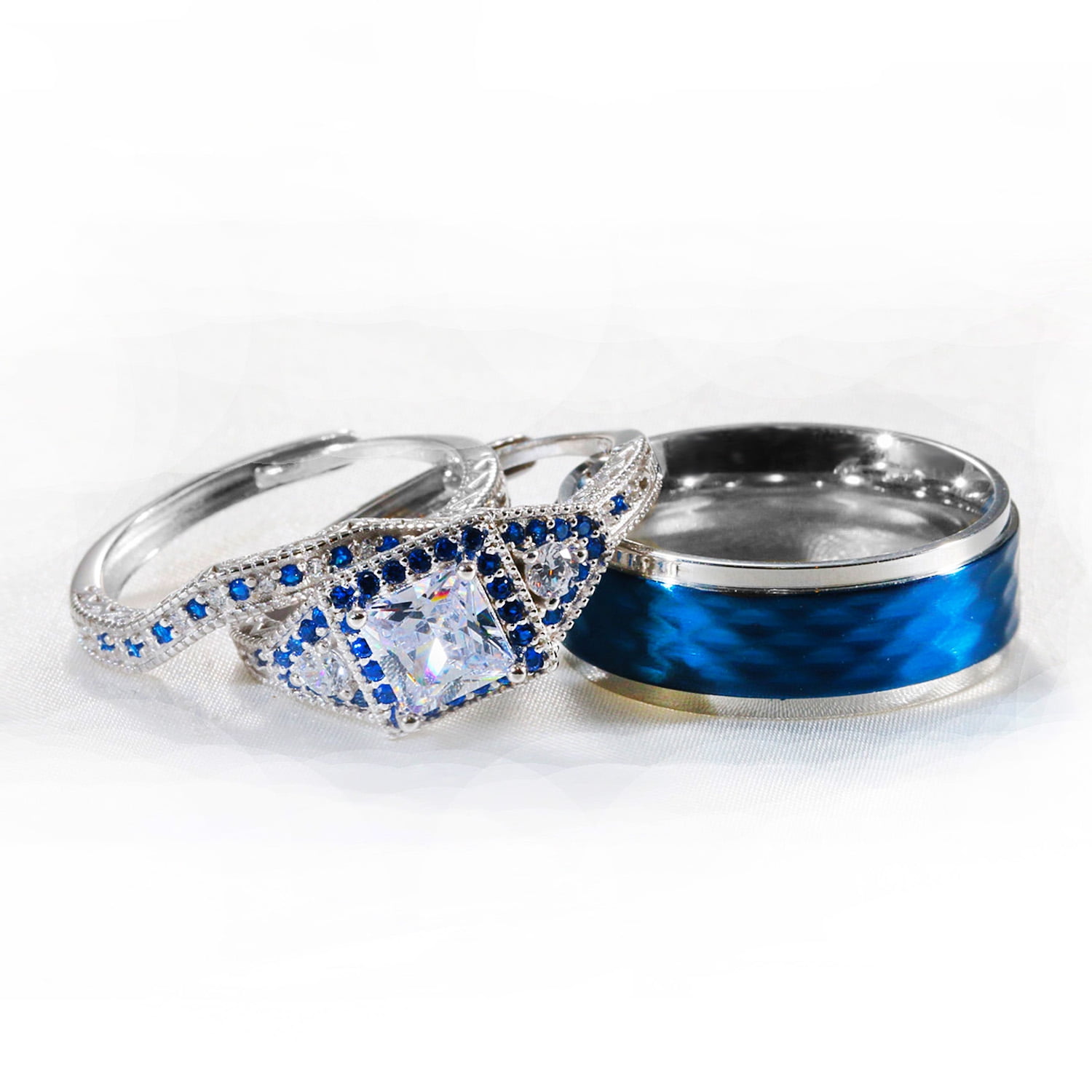 Adjustable size Wedding Ring Sets His And Hers Couples Women Blue ...