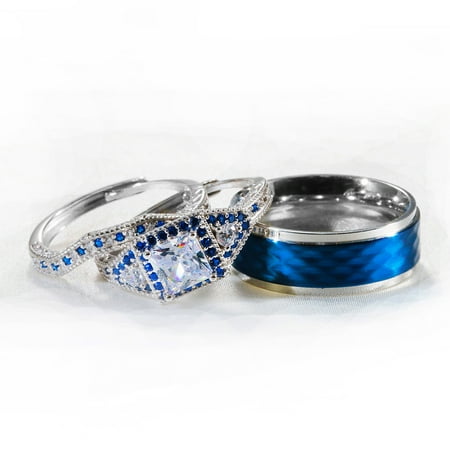 Adjustable size Wedding Ring Sets His And Hers Couples Women Blue Diamond Moissanite Sterling Silver Man Titanium Wedding Bands