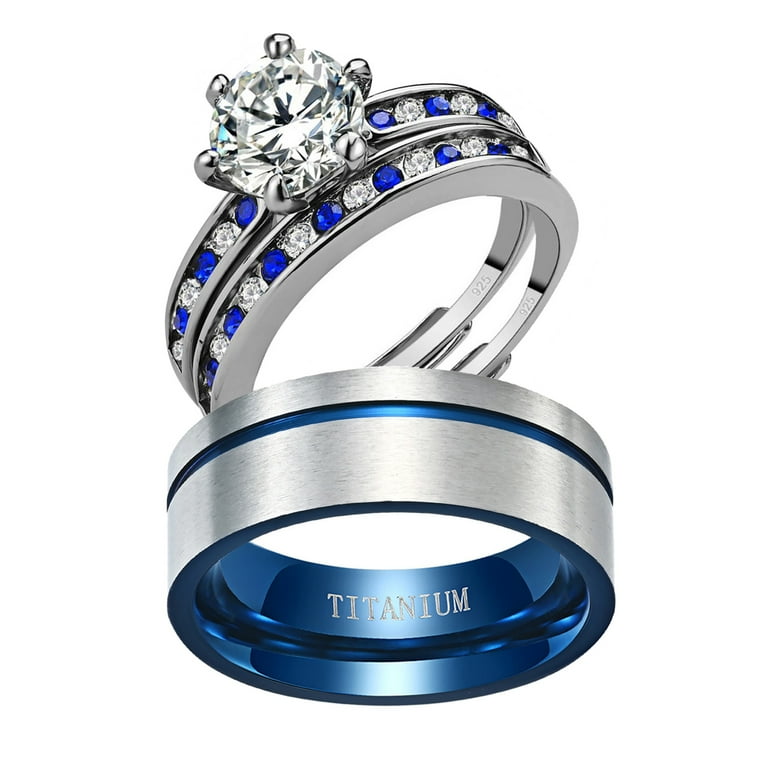 Sterling Silver Blue and White CZ Engagement Ring and Band Set Sterling Silver Blue and White CZ Engagement Ring and Band Set