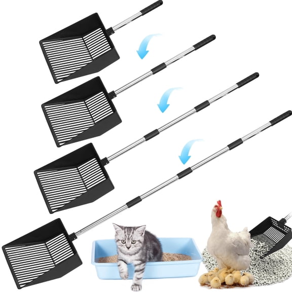 Adjustable stainless steel pet coop rake (22-52.3"), heavy-duty for cleaning chicken/cat litter, sifting horse/dog waste & beach sand. Black