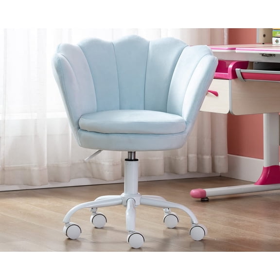 AdjustableChair, Velvet Swivel Desk Chair with 360 Rotation, Flower Shaped Back Support forStudy Room Home Office, Light Blue