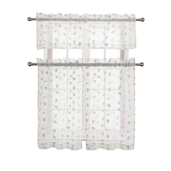 Adler Metallic Embroidered Leaves Sheer Kitchen Curtain Set