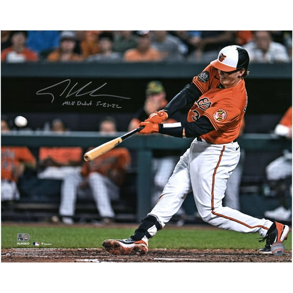 Adley Rutschman Baltimore Orioles Autographed 16" x 20" Debut First Hit Photograph with "MLB Debut 5-21-22" Inscription - Fanatics Authentic Certified