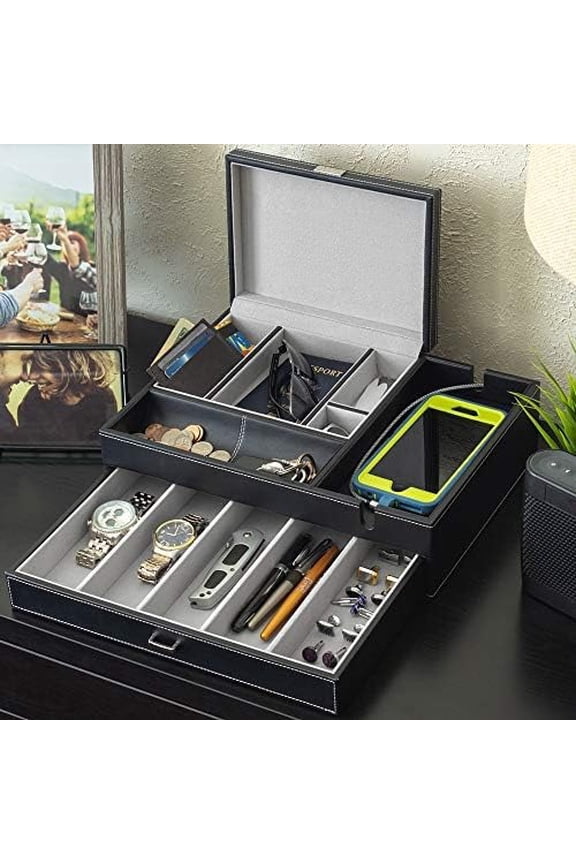 Admiral Dresser Valet Box & Mens Jewelry Box Organizer with Large Smartphone Charging Station (Grey)