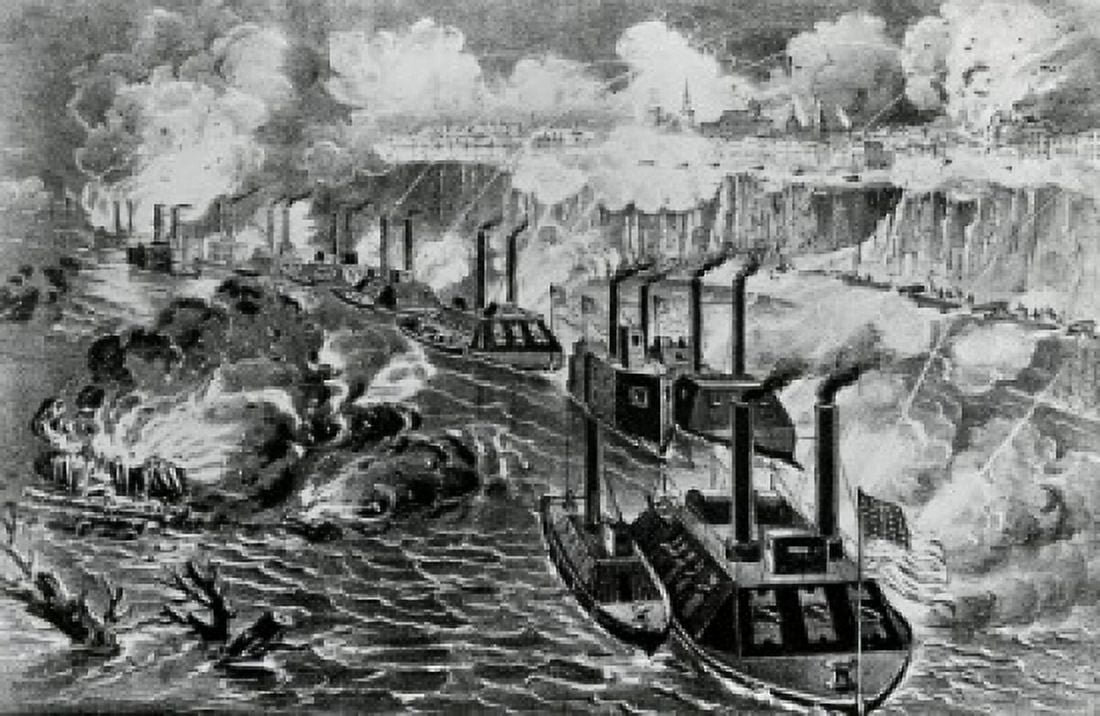 Admiral Porters Fleet Running the Rebel Blockade of the Mississippi at Vicksburg April 16 1863 Canvas Art - (24 x 36)