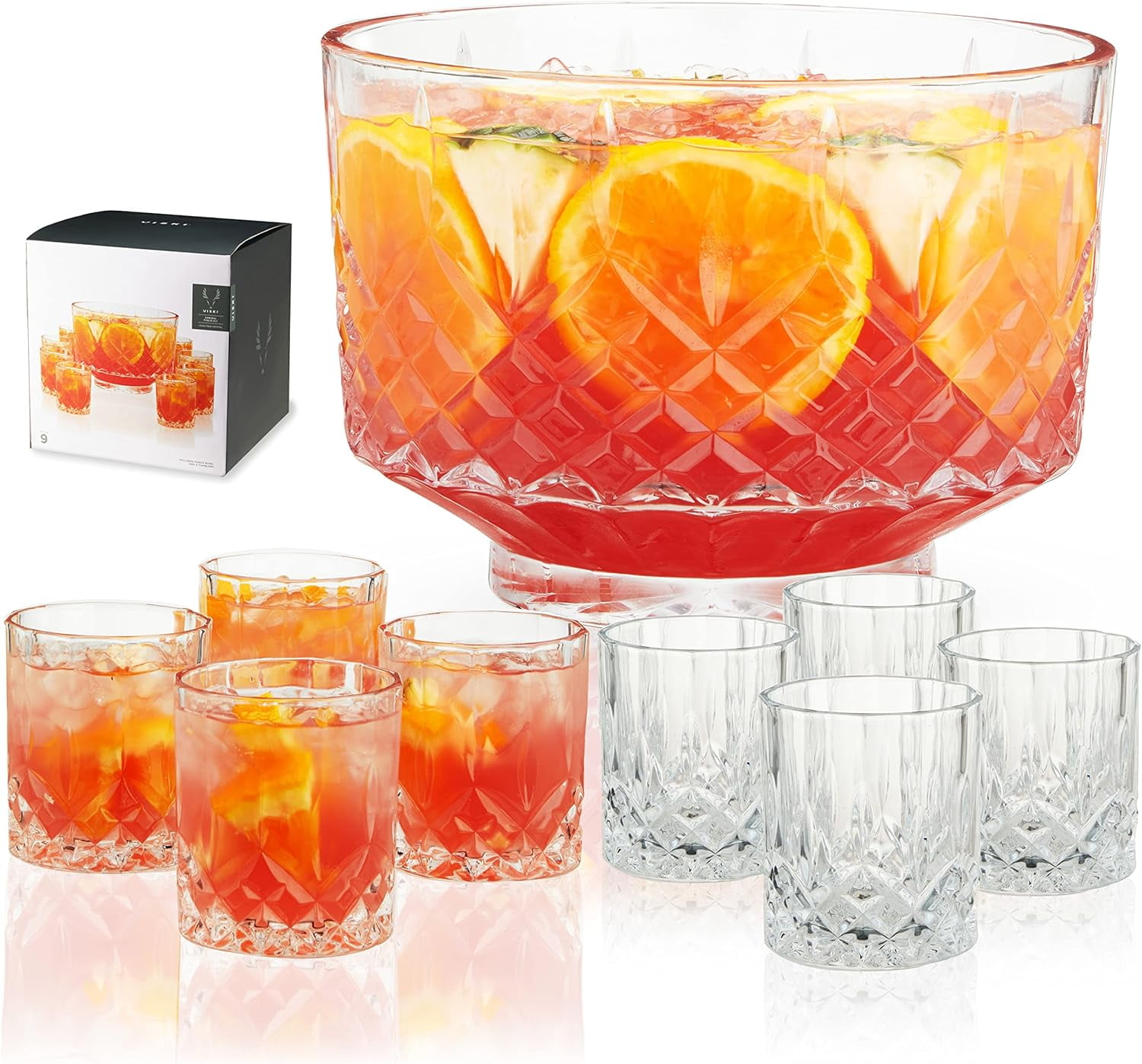 Admiral Clear Lead-Free Crystal Punch Bowl Set with 8 Tumblers