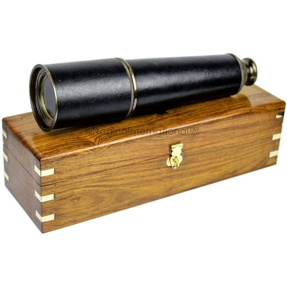 Admiral's 32" Solid Antique Black Brass Spyglass with Genuine Rosewood Decorative Anchor Inlaid Storing Case | Military Retirees' Gifts & Pirate Decor | Nagina International