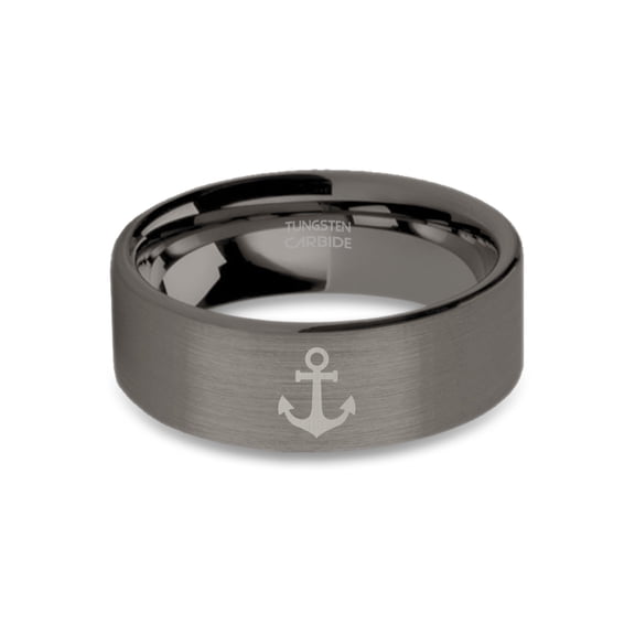 Admiralty Danforth Anchor Engraved Brushed Gunmetal Tungsten Ring, 8mm, Size 11