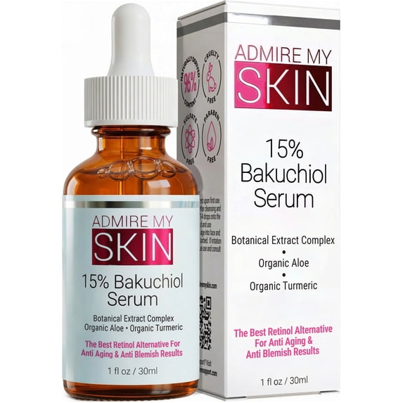 Admire My Skin Bakuchiol Serum 15% natural retinol alternative for face, anti aging and anti blemish, 1 fl. oz.