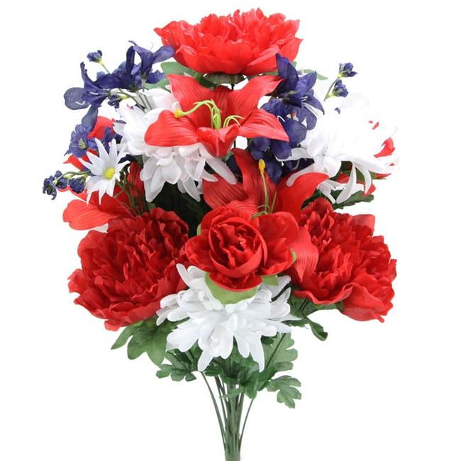 Patriotic Red White Blue Silk Flower Topiary for Outdoor Decor