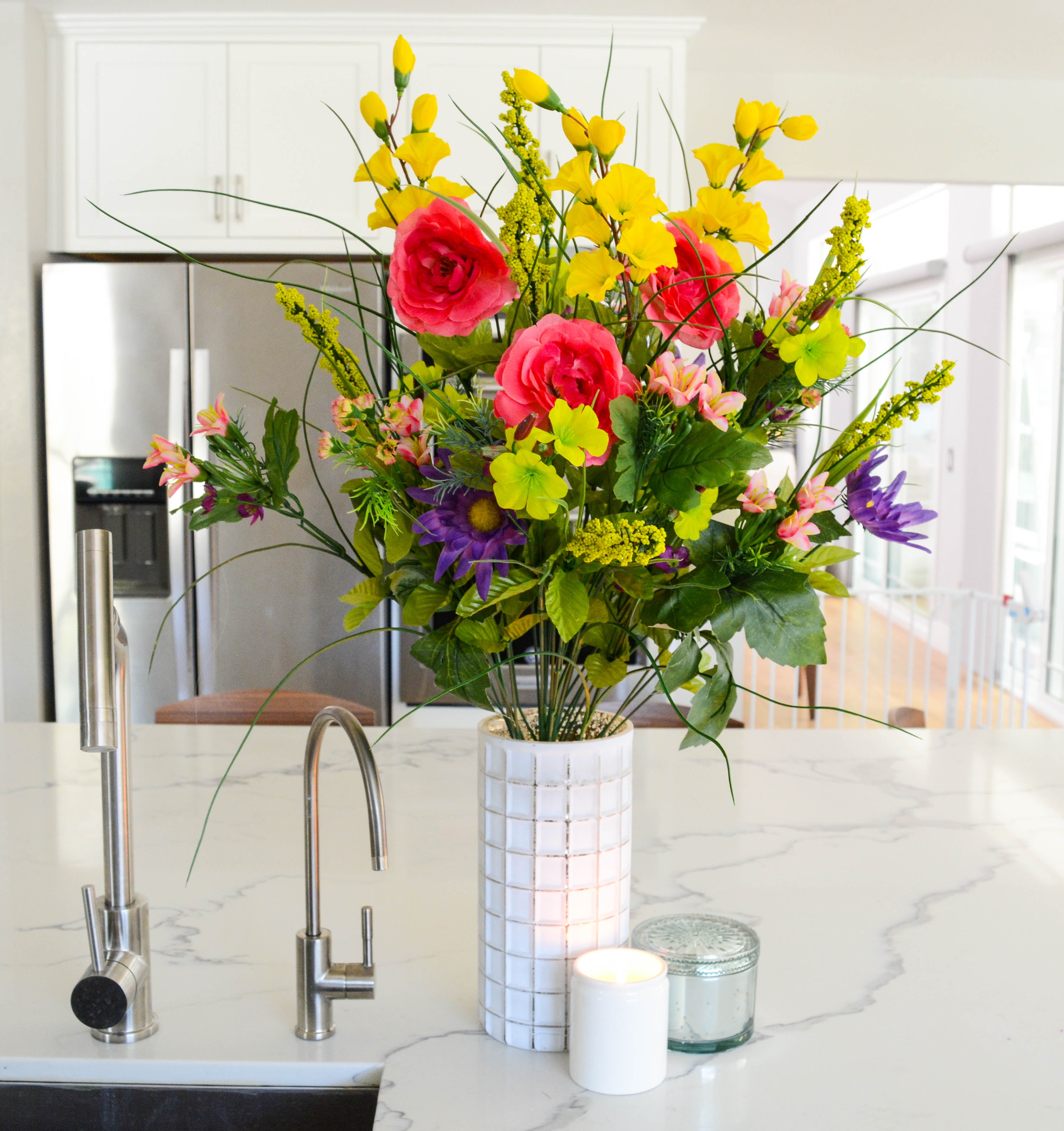 Vibrant Summer Artificial Dahlia and Mixed Flower Centerpiece with Lights
