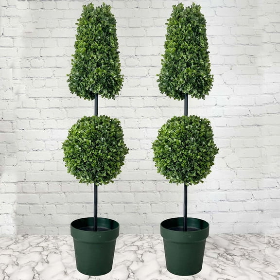 Admired By Nature 38" Artificial Boxwood Leave Double Ball Shaped Topiary Plant Tree in Plastic Pot, ABNT005B-NTRL-2, Set of 2