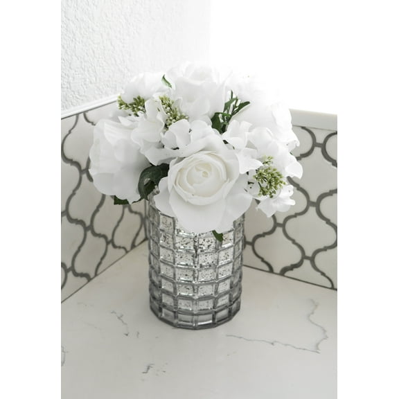 Admired By Nature 9 Stems Artificial Rose Hydrangea Mixed Bouquet, White