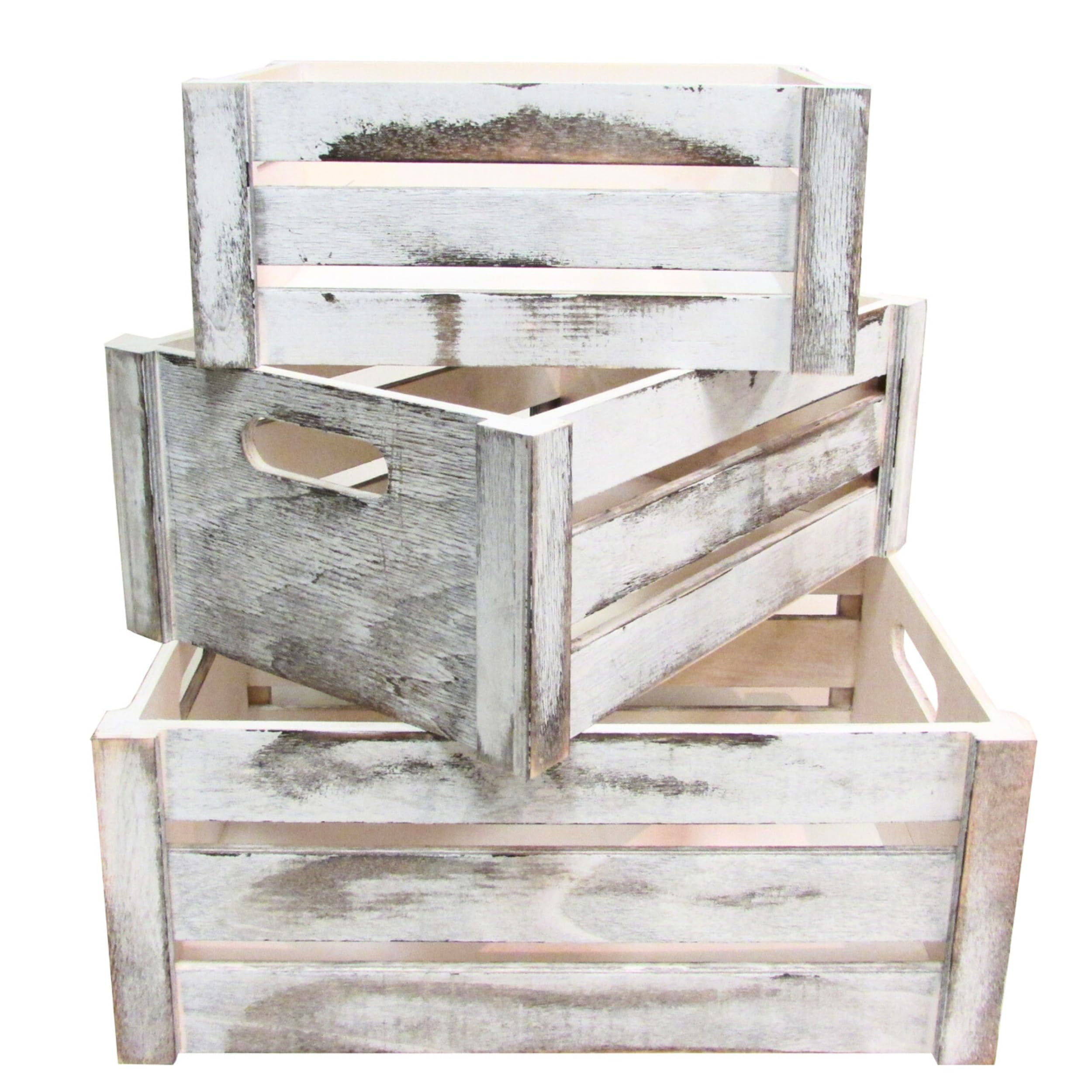 Rustic White Wooden Stackable Storage Crates Set of 3