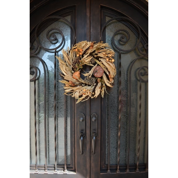 Admired by Nature 24" Artificial Pumpkin Wheat Berry Corn Husk Wreath
