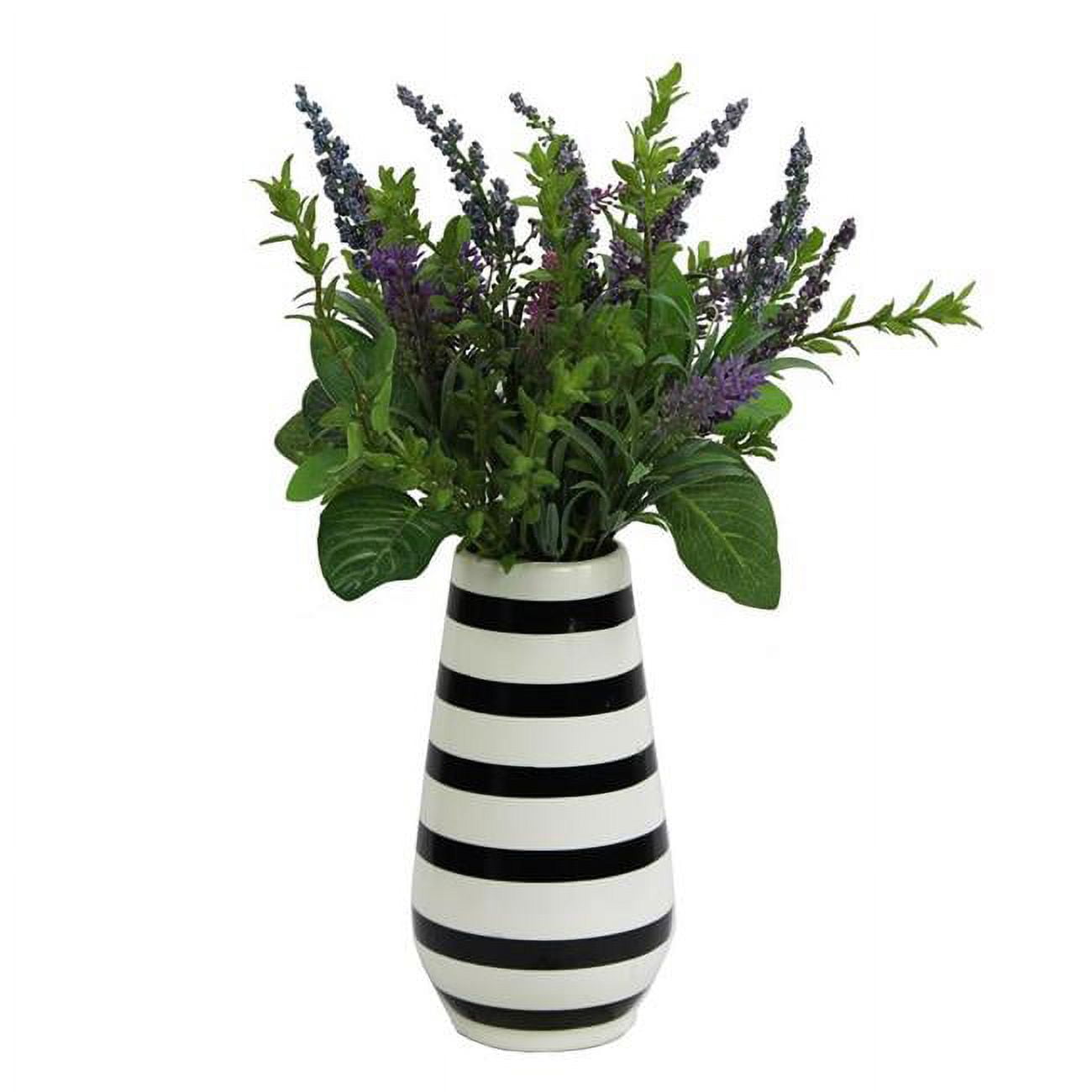 Striped Ceramic Vase with Artificial Lavender and Greenery