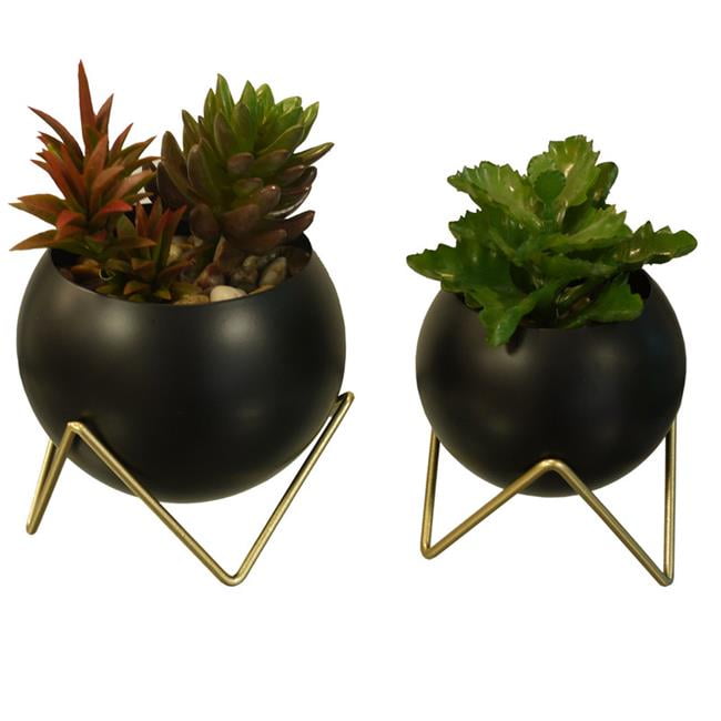 Set of 2 Black and Gold Ceramic Spherical Planters with Stands