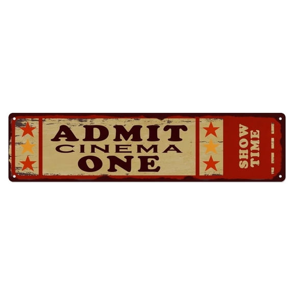 Admit One Cinema Ticket Style Metal Sign, Vintage Movie Theater Wall Art, Retro Distressed "Show Time" Decor for Home & Media Room
