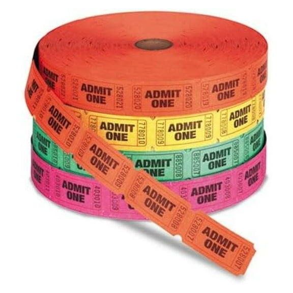 Unbranded Admit-One Single Ticket Rolls, Numbered, Assorted, 2000/Roll, 4-Pack