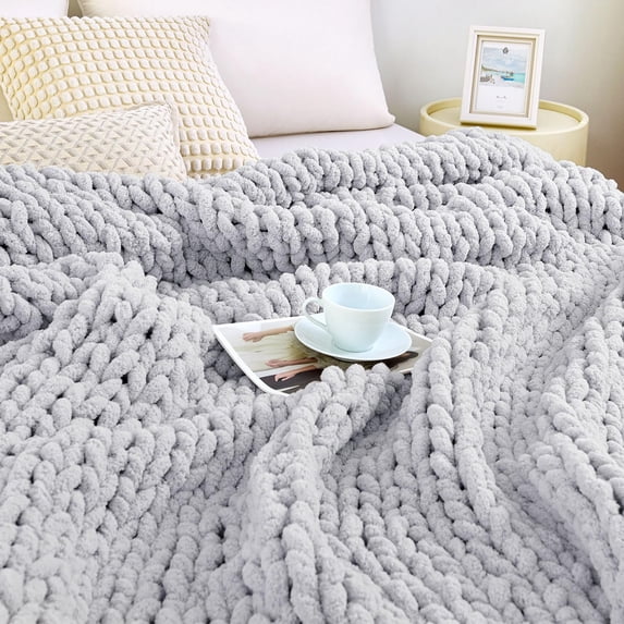 Admitrack Chunky Knit Blanket Chenille Light Gray 51"x63"