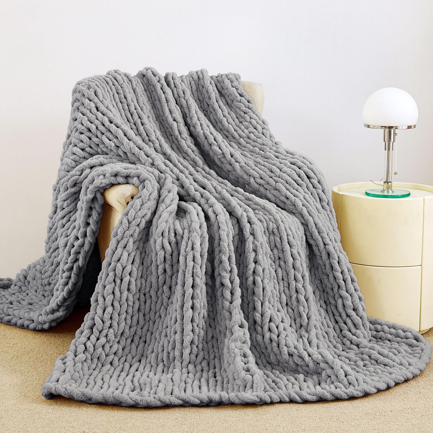 Berkshire Chenille Knit Throw Blanket, Beige (60-Inch x 70