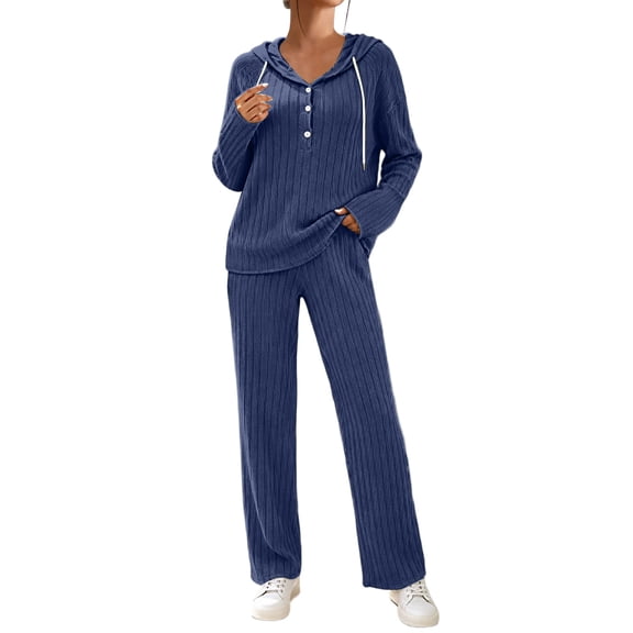 Admvng 2 Piece Outfit Set for Women Ribbed Knit Hooded Loungewear Set Long Sleeve Top and Long Pants Casual Coordinated Tracksuit