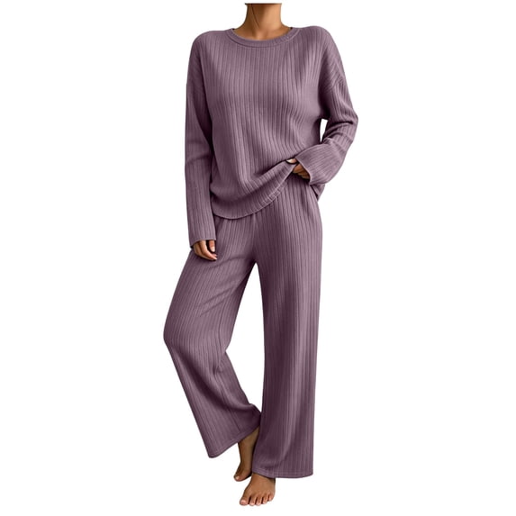 Admvng 2 Piece Outfit Set for Women Ribbed Knit Long Sleeve Top and Long Pants Casual Loungewear Coordinated Tracksuit