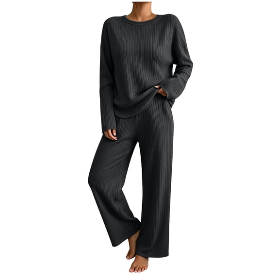 Admvng 2 Piece Outfit Set for Women Ribbed Knit Long Sleeve Top and Long Pants Casual Loungewear Coordinated Tracksuit