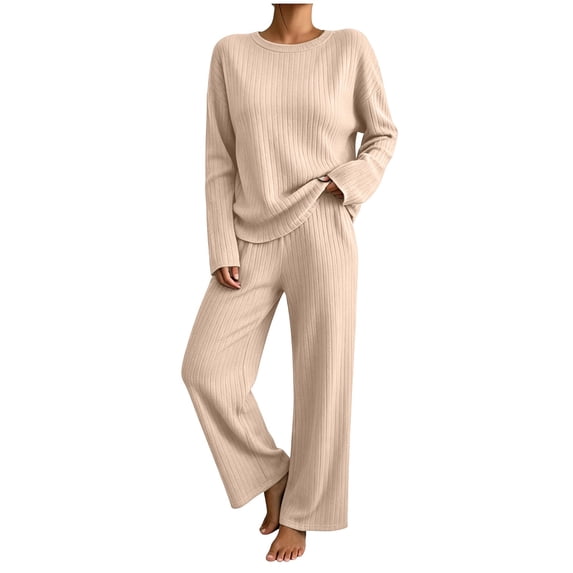 Admvng 2 Piece Outfit Set for Women Ribbed Knit Long Sleeve Top and Long Pants Casual Loungewear Coordinated Tracksuit