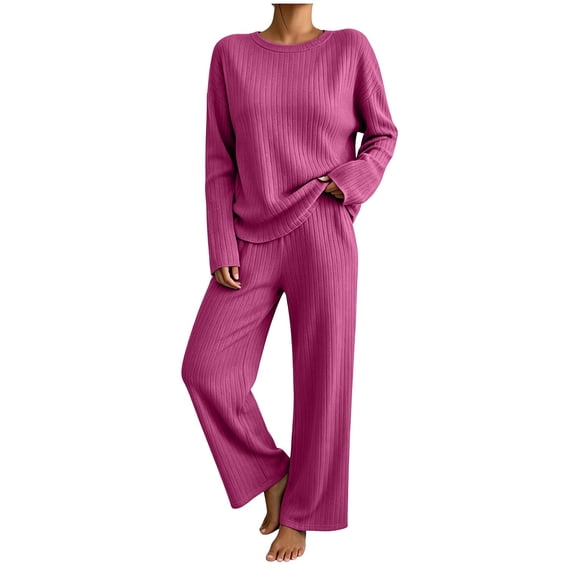 Admvng 2 Piece Outfit Set for Women Ribbed Knit Long Sleeve Top and Long Pants Casual Loungewear Coordinated Tracksuit