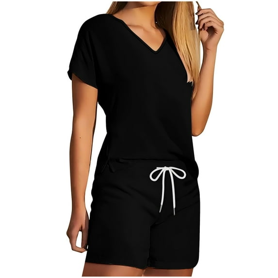 Admvng 2 Piece Sets for Women Short Sleeve Sets Solid Color Casual V Neck Lounge Sets S-2XL