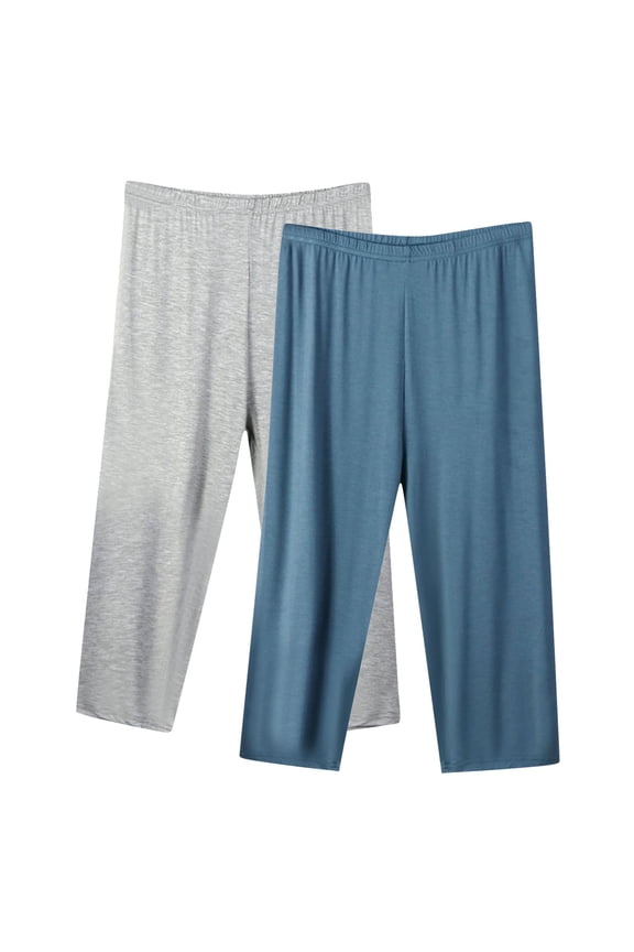 2PC Capri Pants for Women Plus Size Elastic Waist Knit Capri Loungewear Cropped Pants