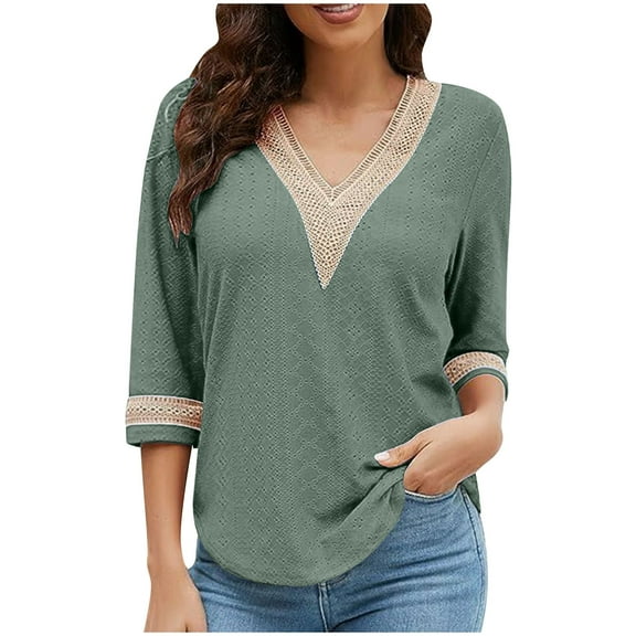 Admvng 3/4 Length Sleeve Womens Tops Casual Solid V-neck Lace Tunic Business Casual Blouses Fall Trendy Outfits S-2XL
