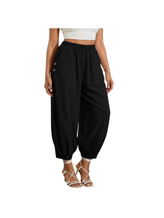Balloon Pants for Women Cotton Elastic Waist Wide Leg Casual Summer Loose Fit Harem Pants