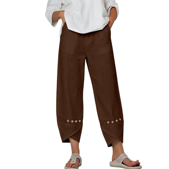 Admvng Balloon Pants for Women Summer Crochet Lace Hem Vacation Casual Boho Linen Trousers