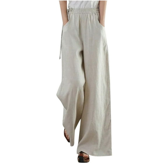 Admvng Beach Pants for Women Casual High Waist Solid Color Cotton Linen Side Drawstring Belt Wide Leg Pants S-4XL