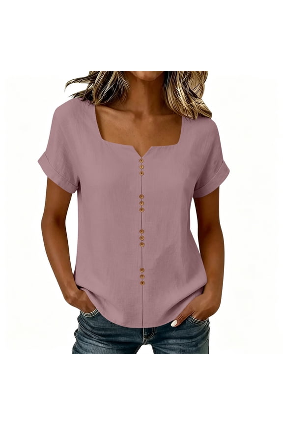 Blouse for Women Notch Square Neck Short Sleeve Button Front Casual Tops