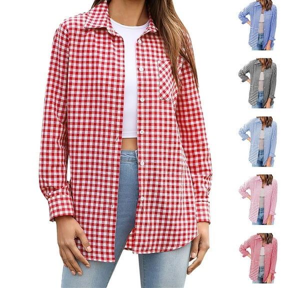 Admvng Blouses for Women Fashion Plaid Long Sleeves Blouse Buttons Casual Shirt with Pockets S-3XL