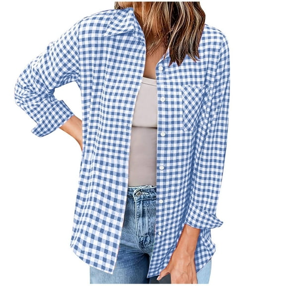 Admvng Blouses for Women Fashion Plaid Long Sleeves Blouse Buttons Casual Shirt with Pockets S-3XL