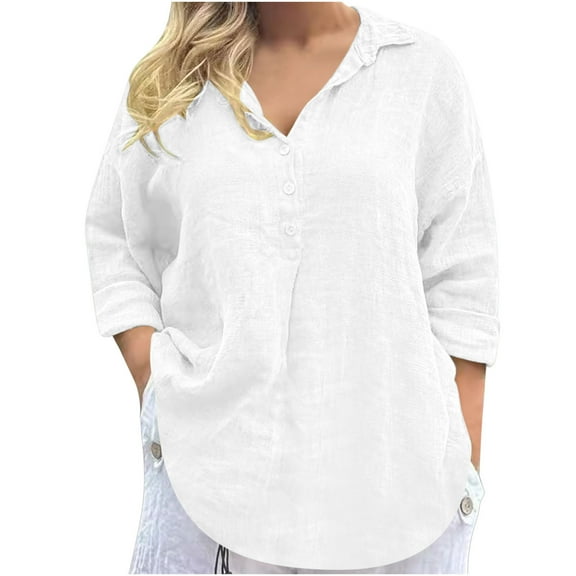 Admvng Blouses for Women Solid Color Lapel Loose Cotton Linen Long Sleeved Shirt Pullover Top S-2XL