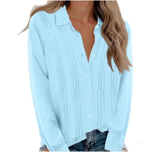 Admvng Blouses for Women Summer Fashion Causal Button Solid Blouse Long Sleeve Shirt S-3XL