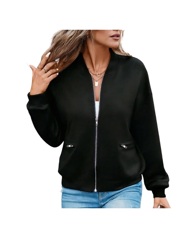 Bomber Jacket for Women Zipper Pocket Long Sleeve Casual Rib Cuff Outdoor Coat
