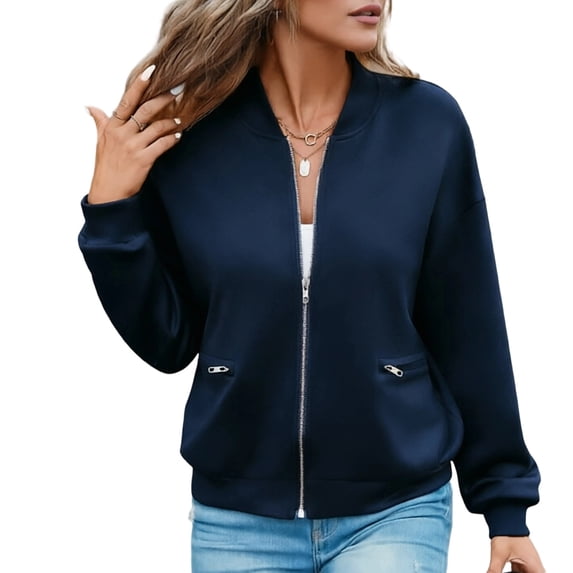 Admvng Bomber Jacket for Women Zipper Pocket Long Sleeve Casual Rib Cuff Outdoor Coat