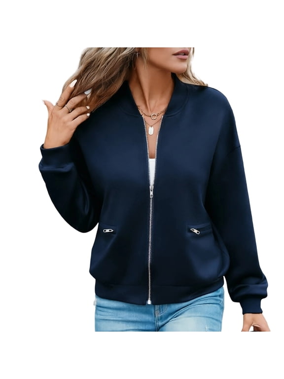 Bomber Jacket for Women Zipper Pocket Long Sleeve Casual Rib Cuff Outdoor Coat